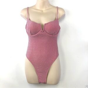 South Beach pink silver sparkle hi-cut one piece sexy Bathing Swim suit Size 8